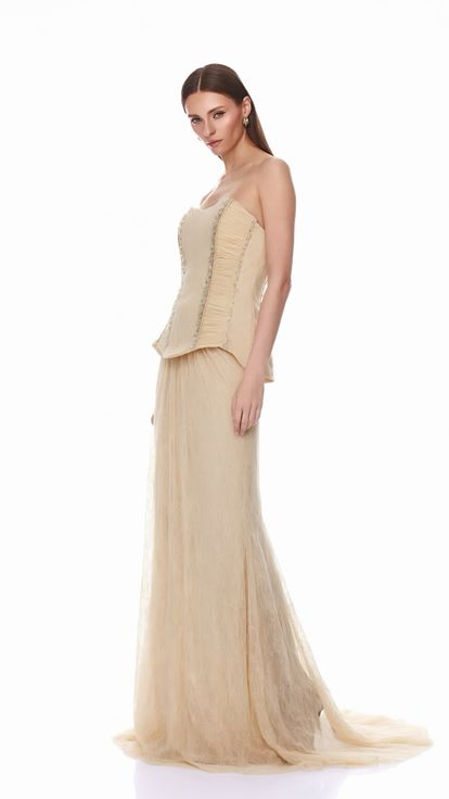 Bej Peplum Detaylı  Dantelli Abiye  Elbise